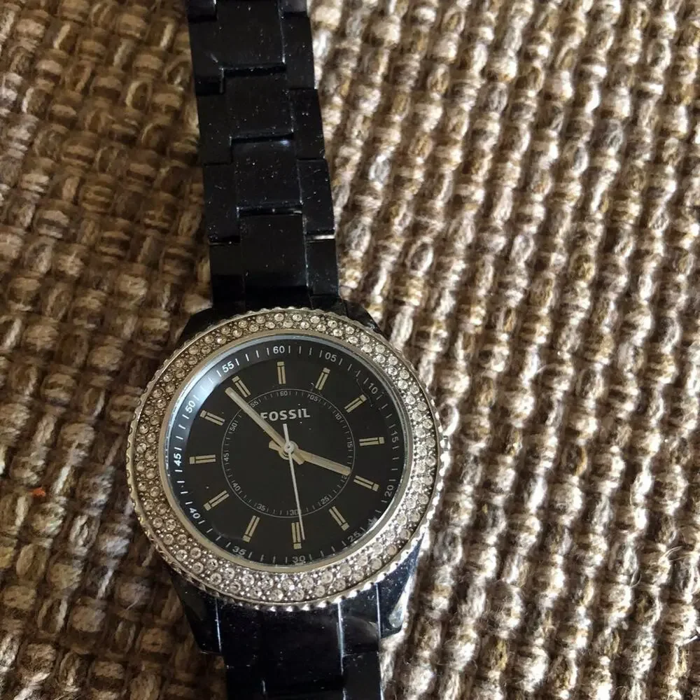 Fossil black resin watch w/ rhinestone face